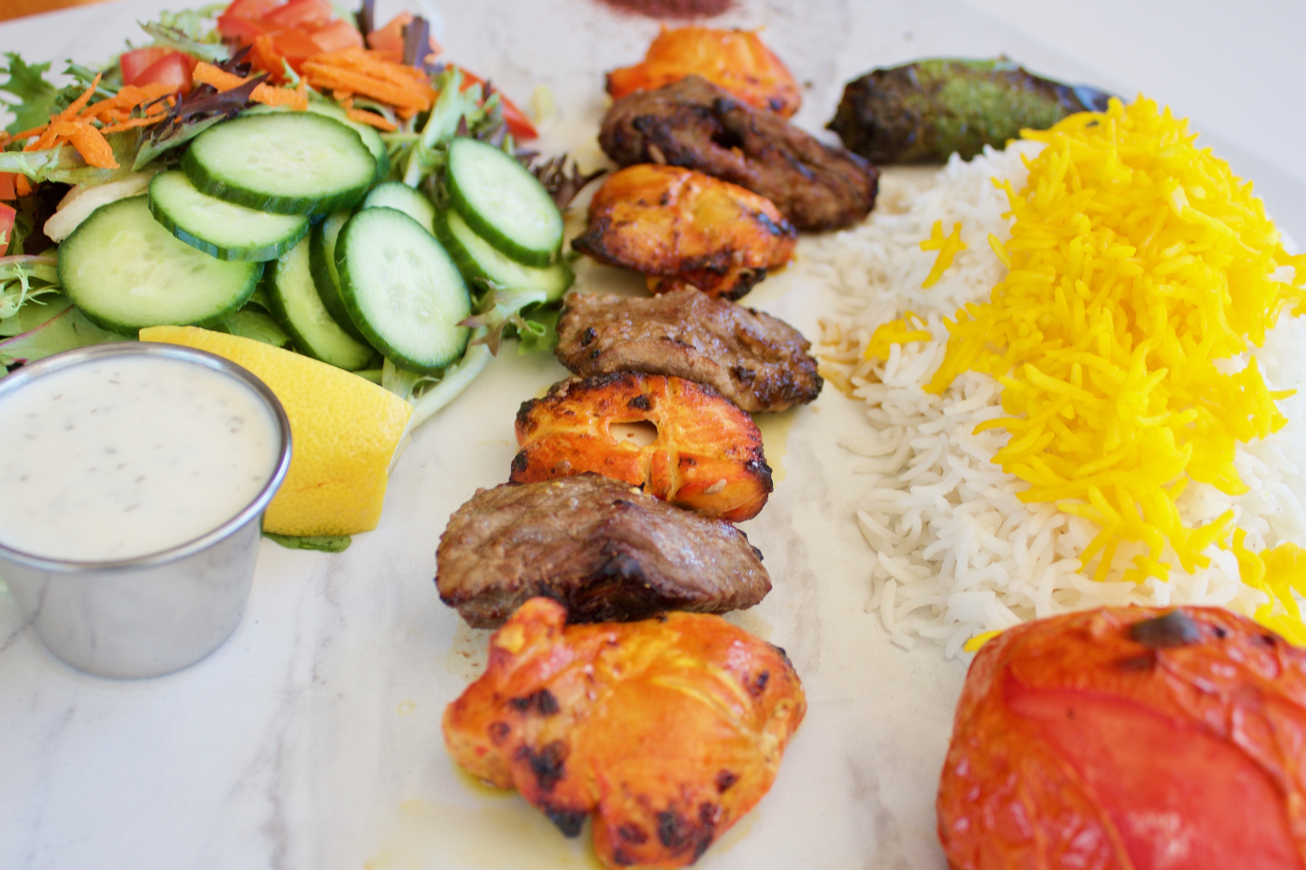 Order Bakhtiari Kebab Combo food online from Malek's Restaurant store, Winnetka on bringmethat.com