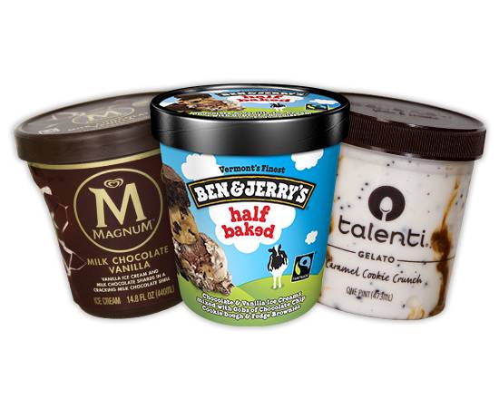 Order The Ice Cream Shop “Favorites” Bundle: Talenti Caramel Cookie Crunch, Magnum Double Caramel, B&J’s Half Baked food online from Luckys Liquor store, Los Angeles on bringmethat.com