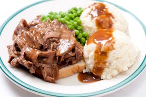 Order Open Faced Roast Beef on 9Gr Bread w/Rice, Potato or Veggie food online from Milano Cafe & Deli store, Burbank on bringmethat.com