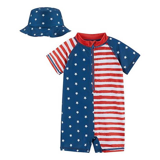 Order Beetle & Thread® Size 24M 2-Piece Americana Swim Romper and Bucket Hat Set in Blue food online from Bed Bath & Beyond store, Bohemia on bringmethat.com