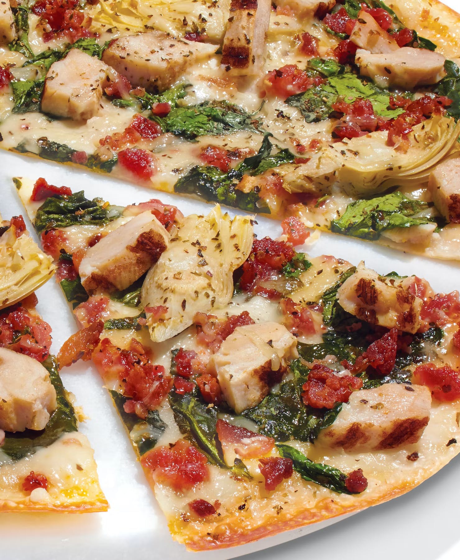 Order Dairy-Free Cheese Chicken Bacon Artichoke Pizza - Medium 12" food online from Papa Murphy's | Take 'n' Bake Pizza store, Aberdeen on bringmethat.com