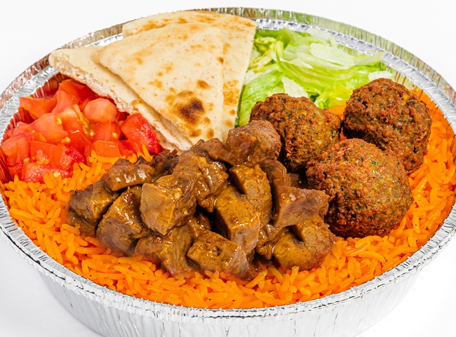 Order Savory Herb Beef & Falafel Platter food online from The Halal Guys store, Chicago on bringmethat.com