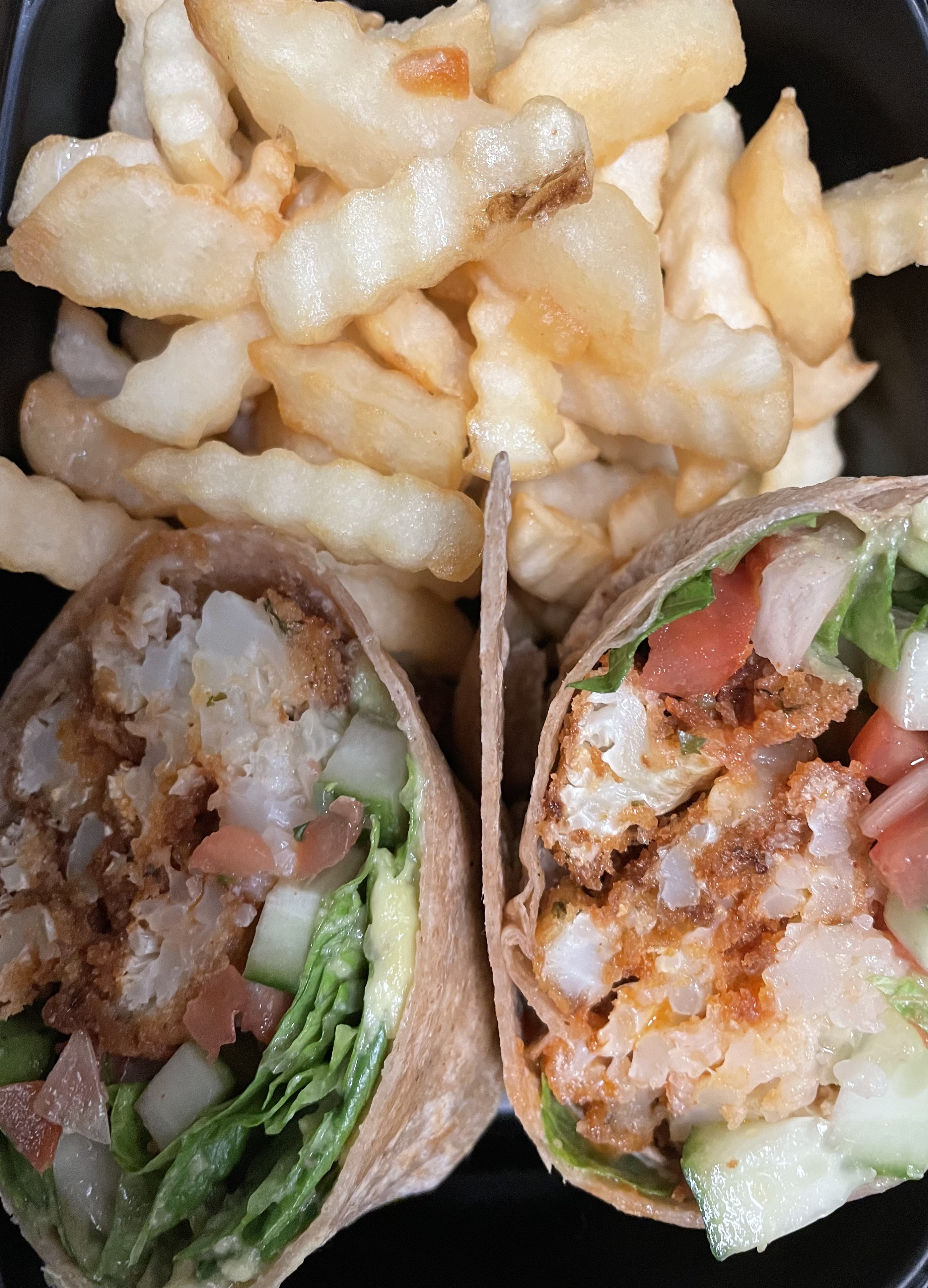 Order Buffalo Cali wrap W/ French fries  food online from Good health cafe store, New York on bringmethat.com