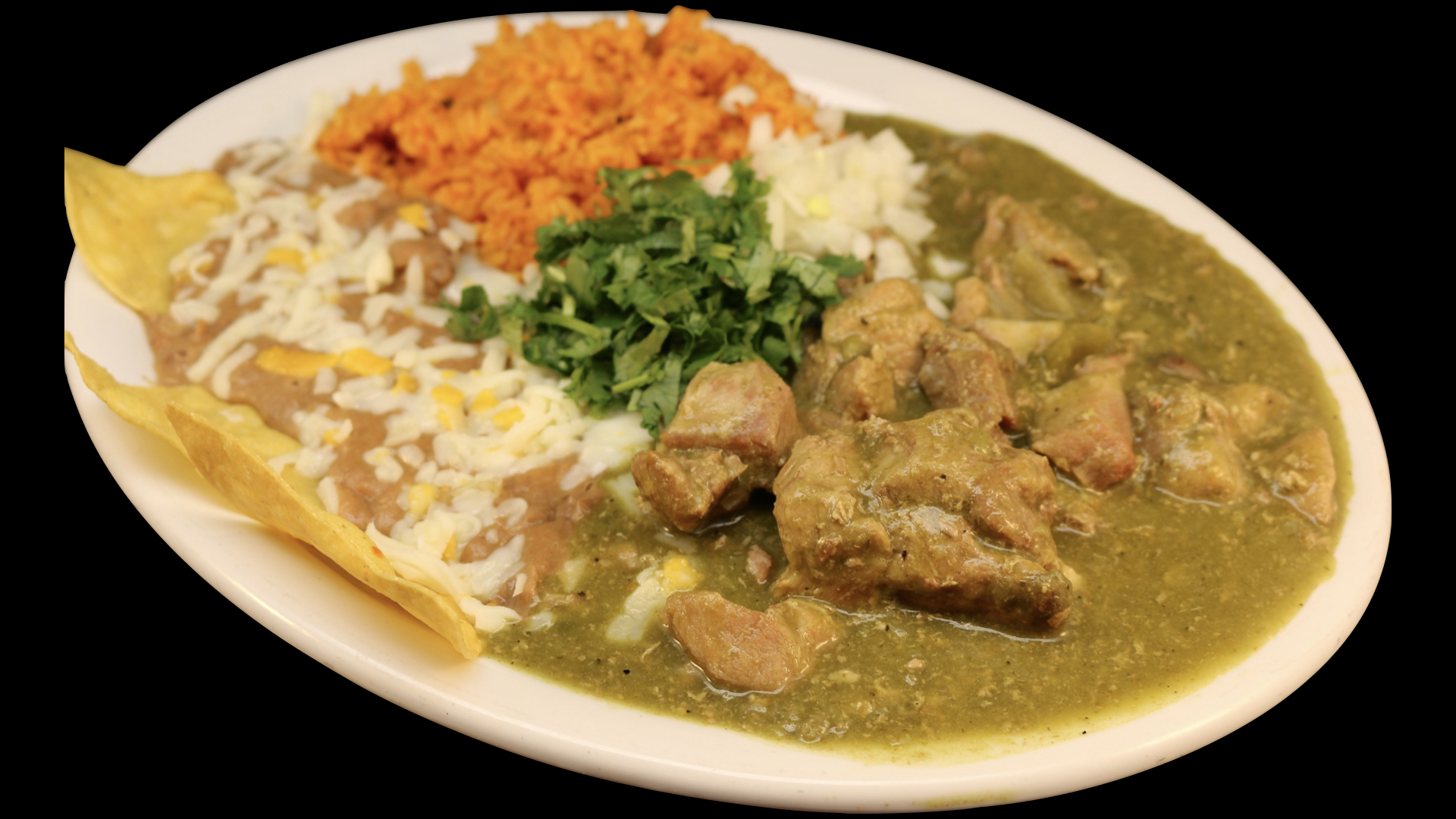 Order Chile Verde Combination Plate food online from Taqueria Cazadores store, Santa Clara on bringmethat.com