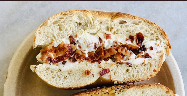 Order Bagel with Cream Cheese & Bacon  food online from Highland Donuts store, Bakersfield on bringmethat.com
