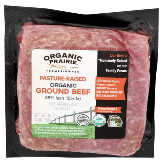 Order Organic Prairie Frozen Pastured Ground Beef 85/15 12oz food online from Everyday Needs by Gopuff store, Athens on bringmethat.com