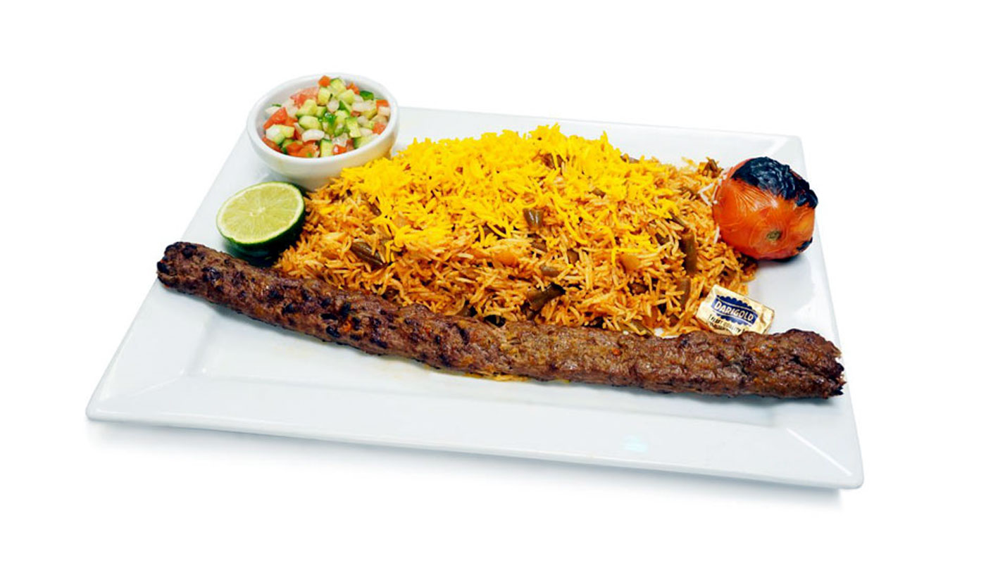 Order Beef Koobideh with Lubia Polo food online from M Cafe & Grill store, Lake Forest on bringmethat.com