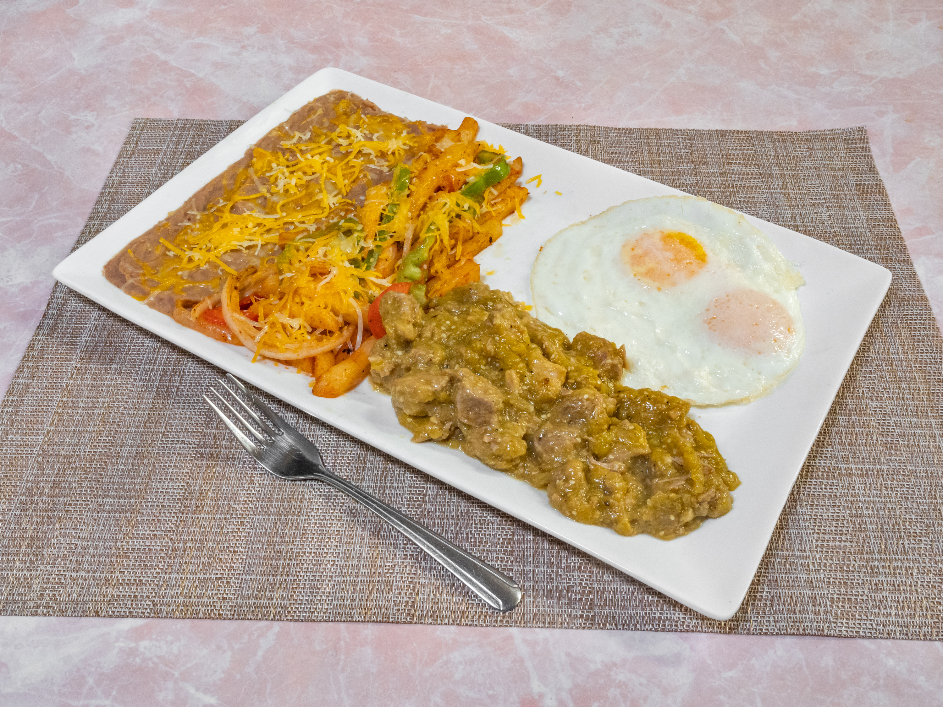 Order Chile Verde and Eggs Breakfast Plate food online from Taqueria Super Pollo store, Salinas on bringmethat.com