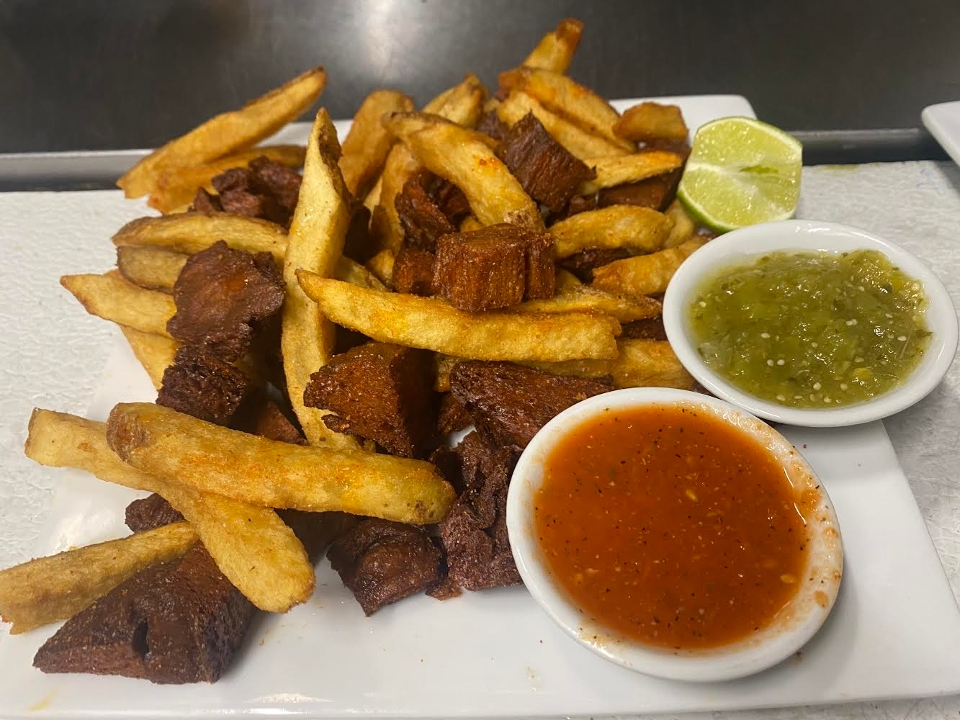 Order Chicha-PAPAS (fries with chicharrones) food online from V Spot store, Brooklyn on bringmethat.com