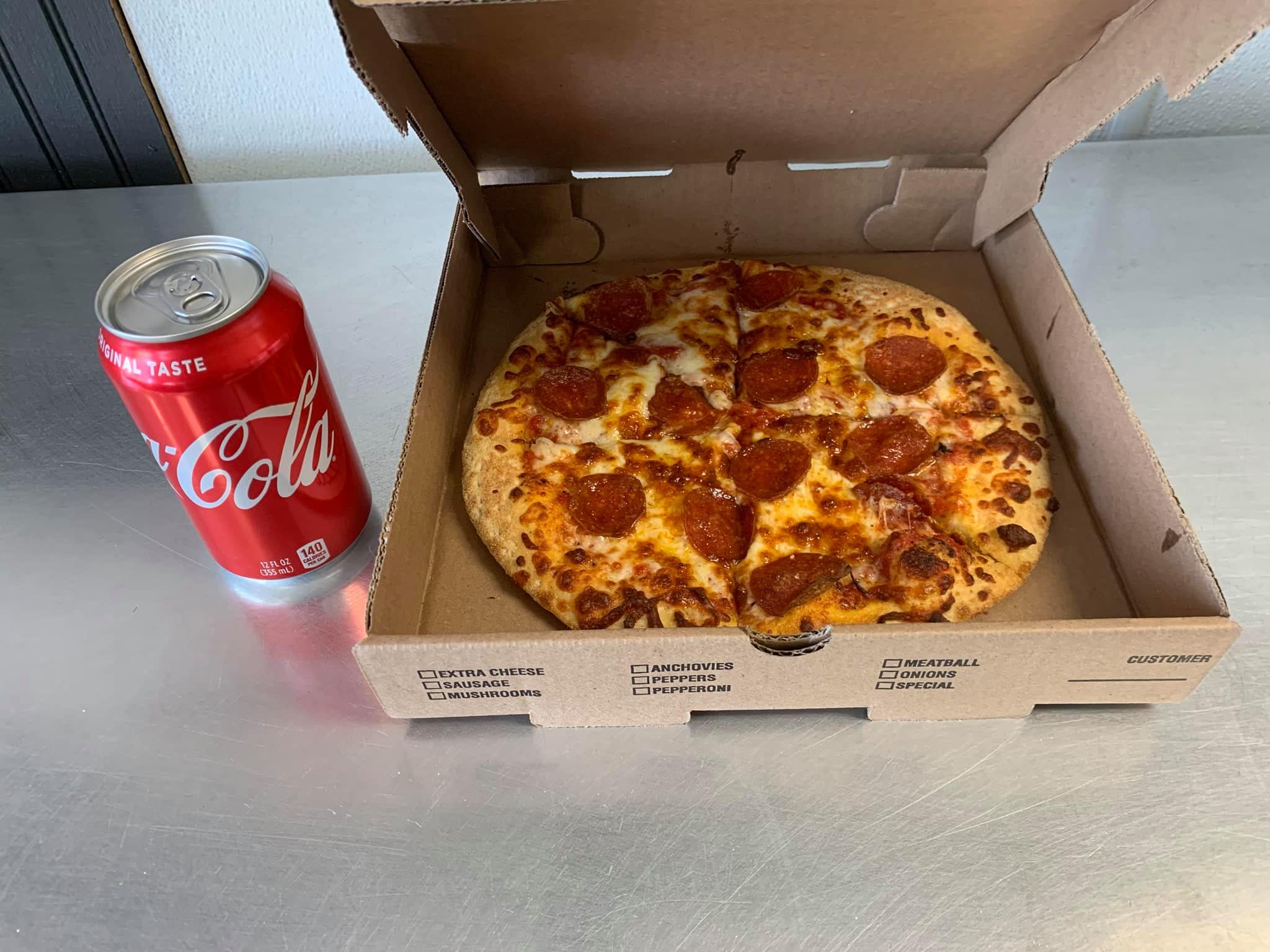 Order 10'' One Topping Pizza & 12 oz. Soda Lunch - Lunch food online from Mama's Pizza store, Fredericksburg on bringmethat.com