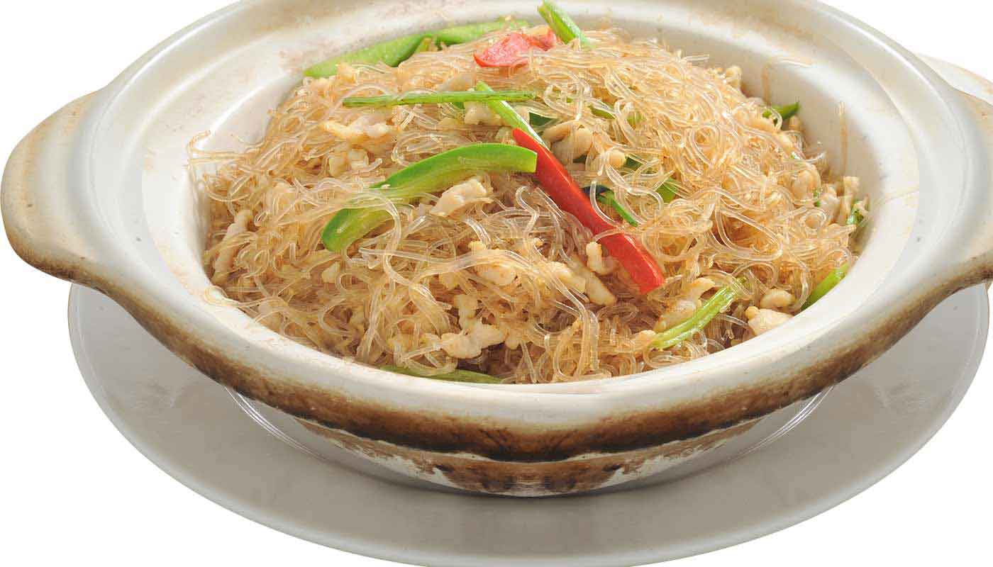 Order E15. Pan Fried Vermicelli with Shredded Meat in Casserole (干炒肉崧粉絲煲)  food online from Happy Harbor Cuisine store, Alhambra on bringmethat.com