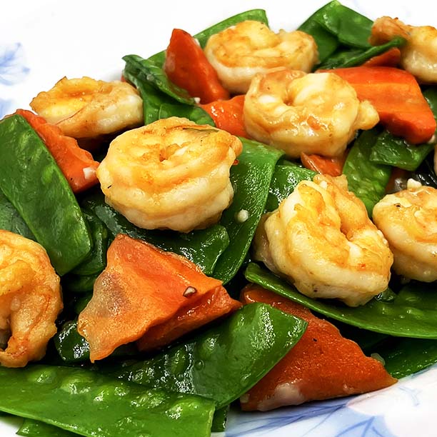 Order Shrimp with Snow Peas & Carrots food online from New Shanghai Restaurant store, Lake Forest on bringmethat.com