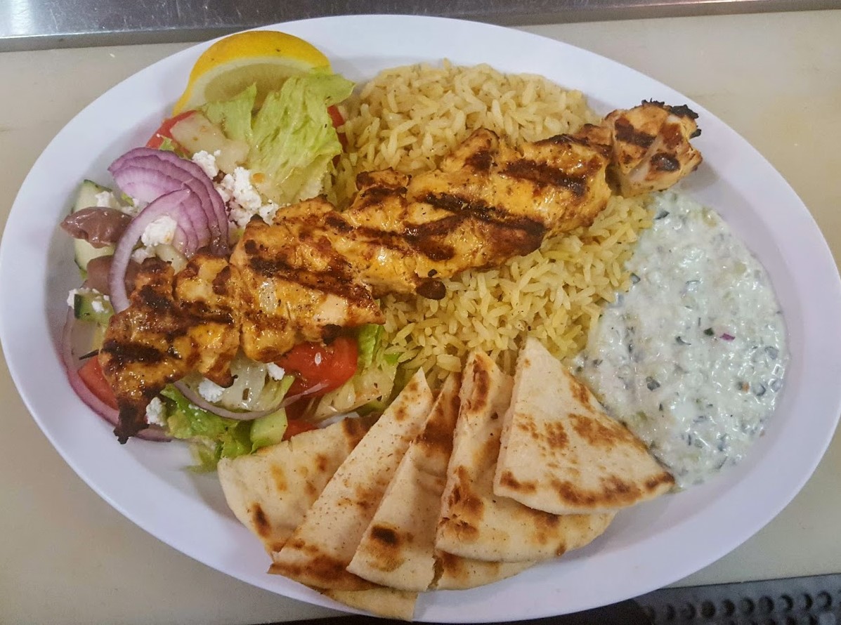 Order Chicken Souvlaki Plate food online from Mikonos Grill store, Milpitas on bringmethat.com