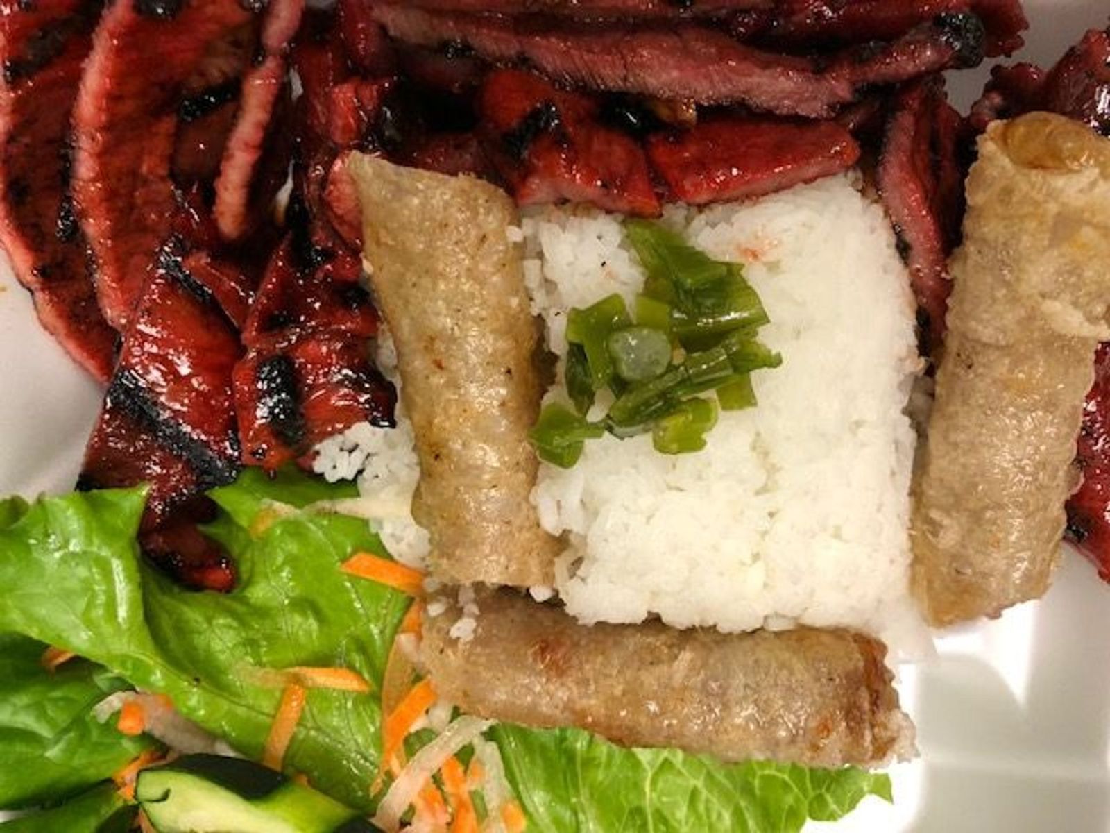 Order C1. Grilled Pork and Egg Roll Rice Plate food online from Pho-Nomenal store, Colorado Springs on bringmethat.com