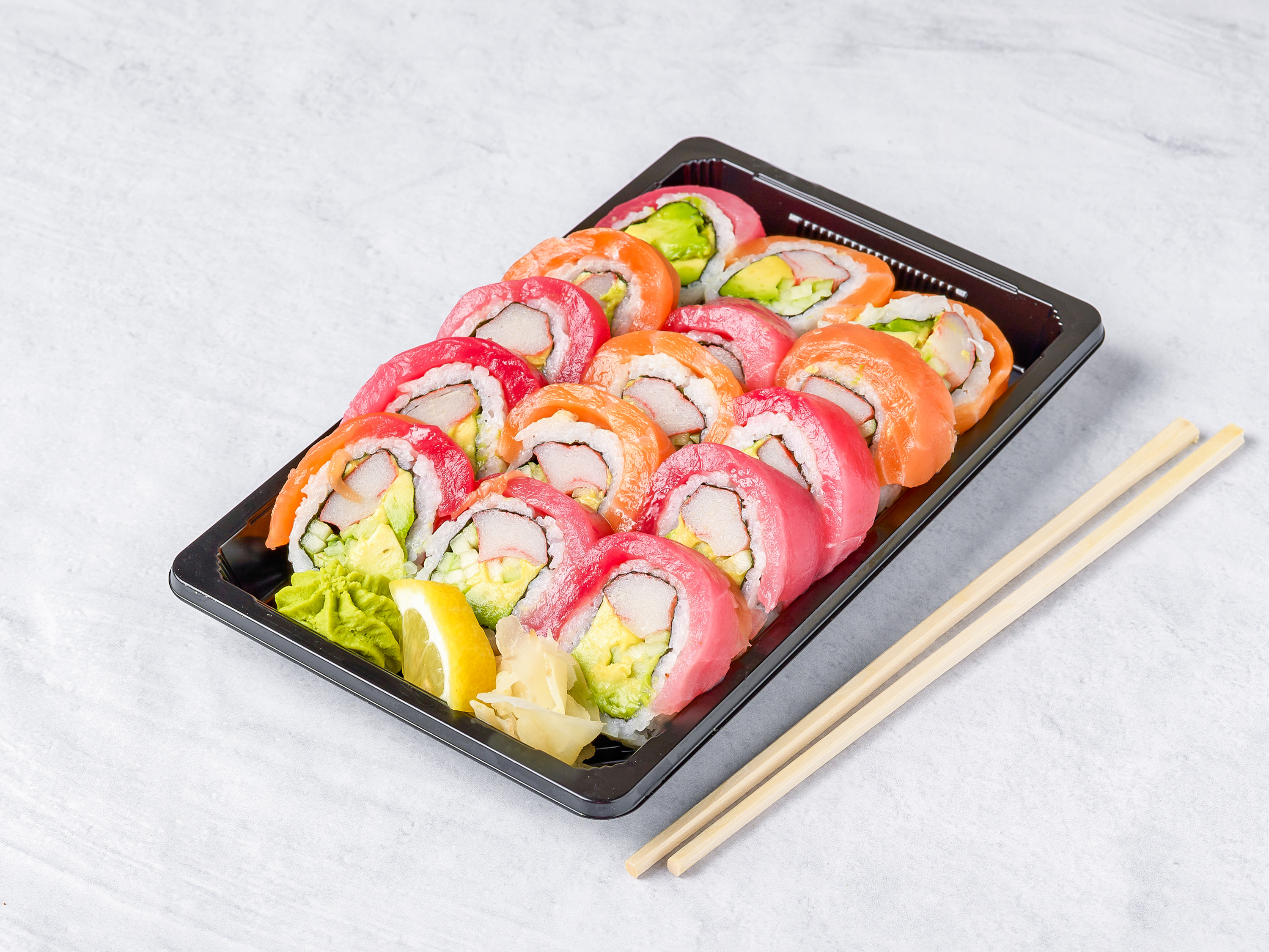 Order Rainbow Roll food online from Van Sushi Cafe store, Vernon Hills on bringmethat.com