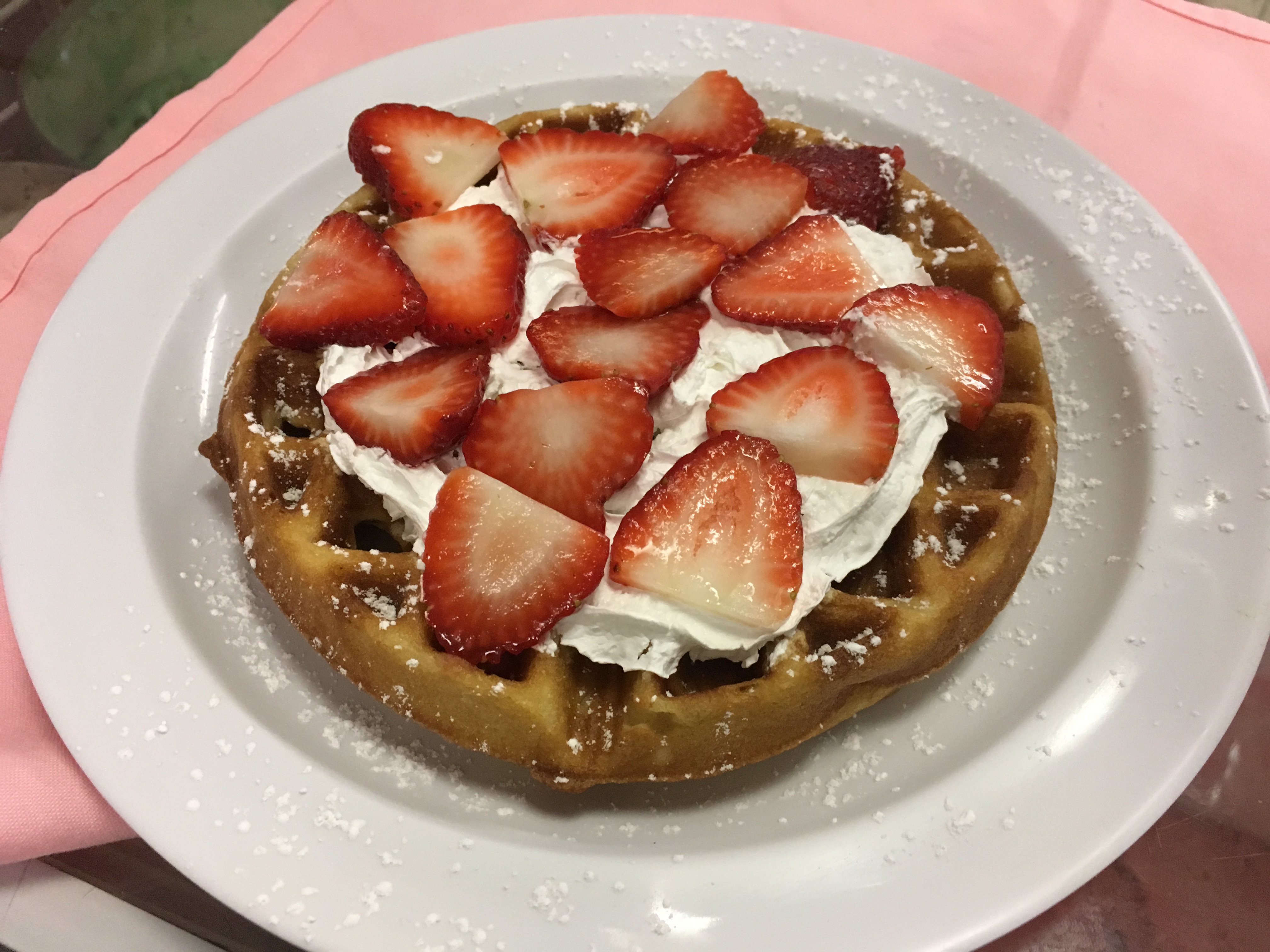 Order Belgian Waffle with strawberries  & Whipped Cream food online from The Ferryman Cafe store, Dobbs Ferry on bringmethat.com