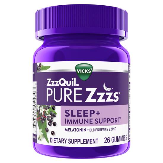 Order ZzzQuil PURE Zzzs Sleep & Immune Support Gummies Elderberry (26 ct) food online from Rite Aid store, Palm Desert on bringmethat.com