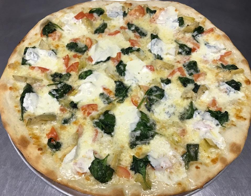 Order White Spinach Fresh Garlic Pizza - Personal 10'' food online from La Vera Pizzeria store, Feasterville-Trevose on bringmethat.com