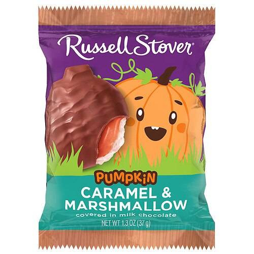 Order Russell Stover Halloween Marshmallow Caramel Chocolate Pumpkin Caramel & Marshmallow Covered in Milk Chocolate - 1.3 oz food online from Walgreens store, Lincoln on bringmethat.com