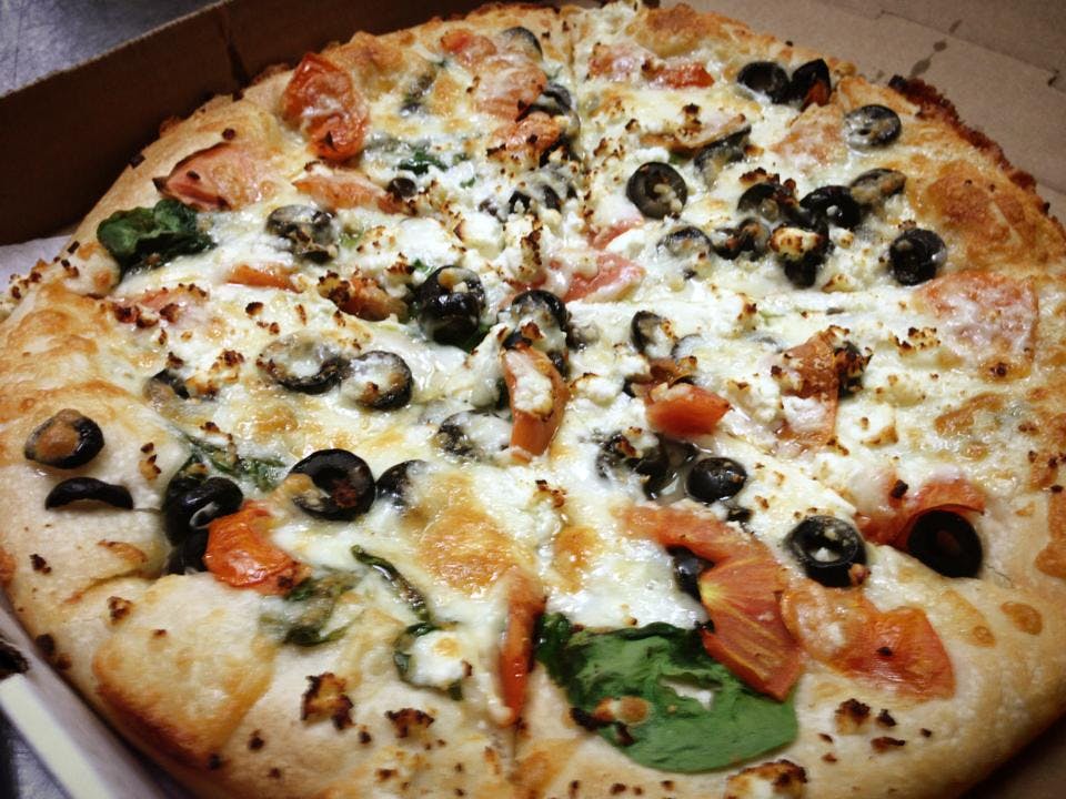 Order Greek Pizza - 12'' food online from Pizza Peddler store, West Chester on bringmethat.com