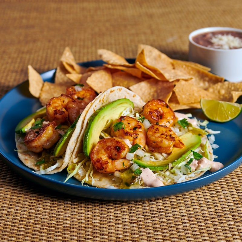 Order Salsa Verde Grilled Shrimp Two Taco Plate food online from Rubio's Fresh Mexican Grill store, Adelanto on bringmethat.com