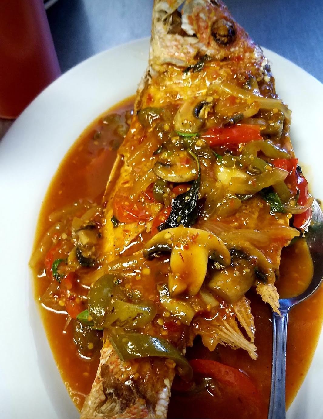 Order Cs3(B) Whole crispy Red Snapper with basil sauce.  food online from Kin Thai store, High Point on bringmethat.com