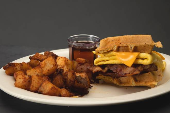 Order Bacon Egg & Cheese Waffle Sandwich food online from Biscuits, Bowls, &Amp; Burgers store, Clemson on bringmethat.com