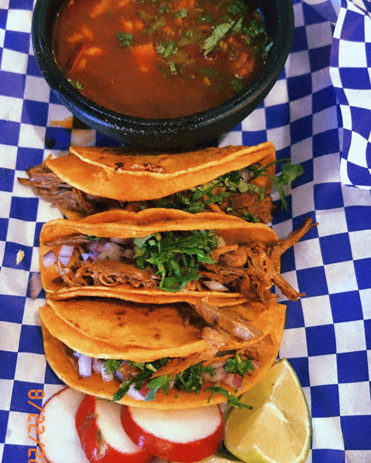 Order 3 Tacos de Birria y Consome food online from La Esquinita Baja Grill store, Los Angeles on bringmethat.com