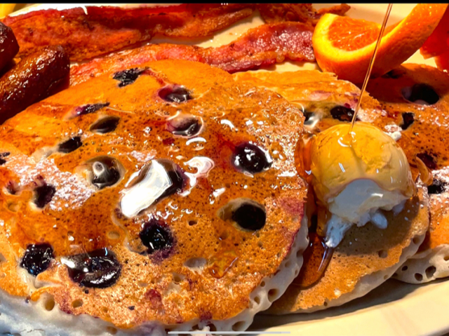 Order Jim's Famous Fluffy Blueberry Pancake Special food online from Jim's Burgers #2 store, Wilmington on bringmethat.com