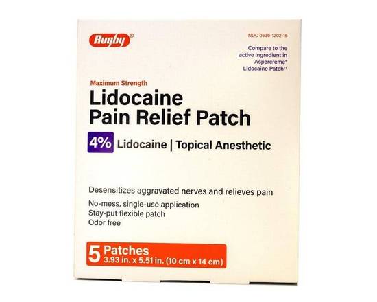 Order Rugby Lidocaine 4% Pain Relief Patch (5 Patches) food online from Trio Pharmacy store, Columbus on bringmethat.com