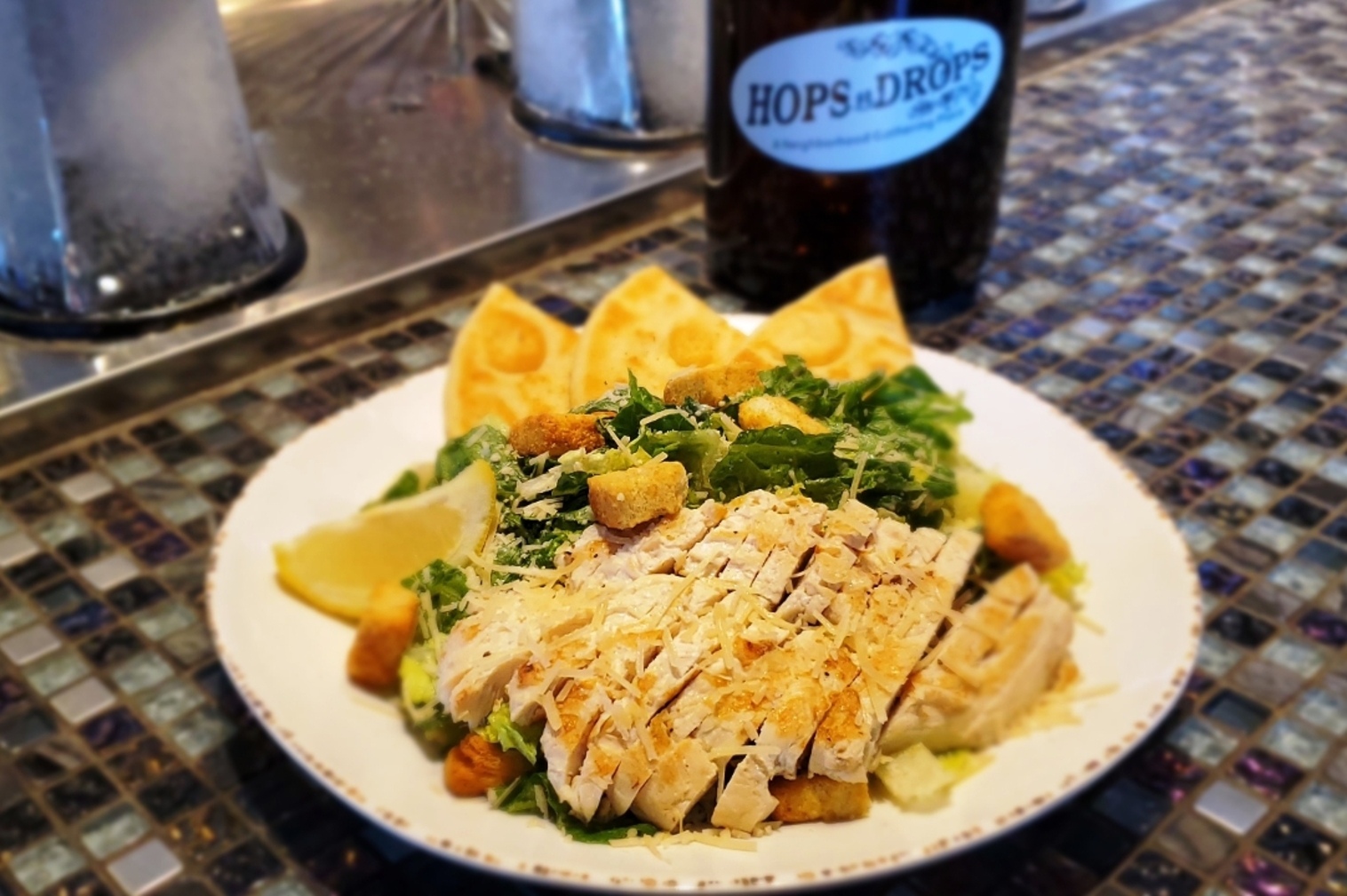 Order CAESAR SALAD WITH CHICKEN food online from Hops N Drops store, Bonney Lake on bringmethat.com