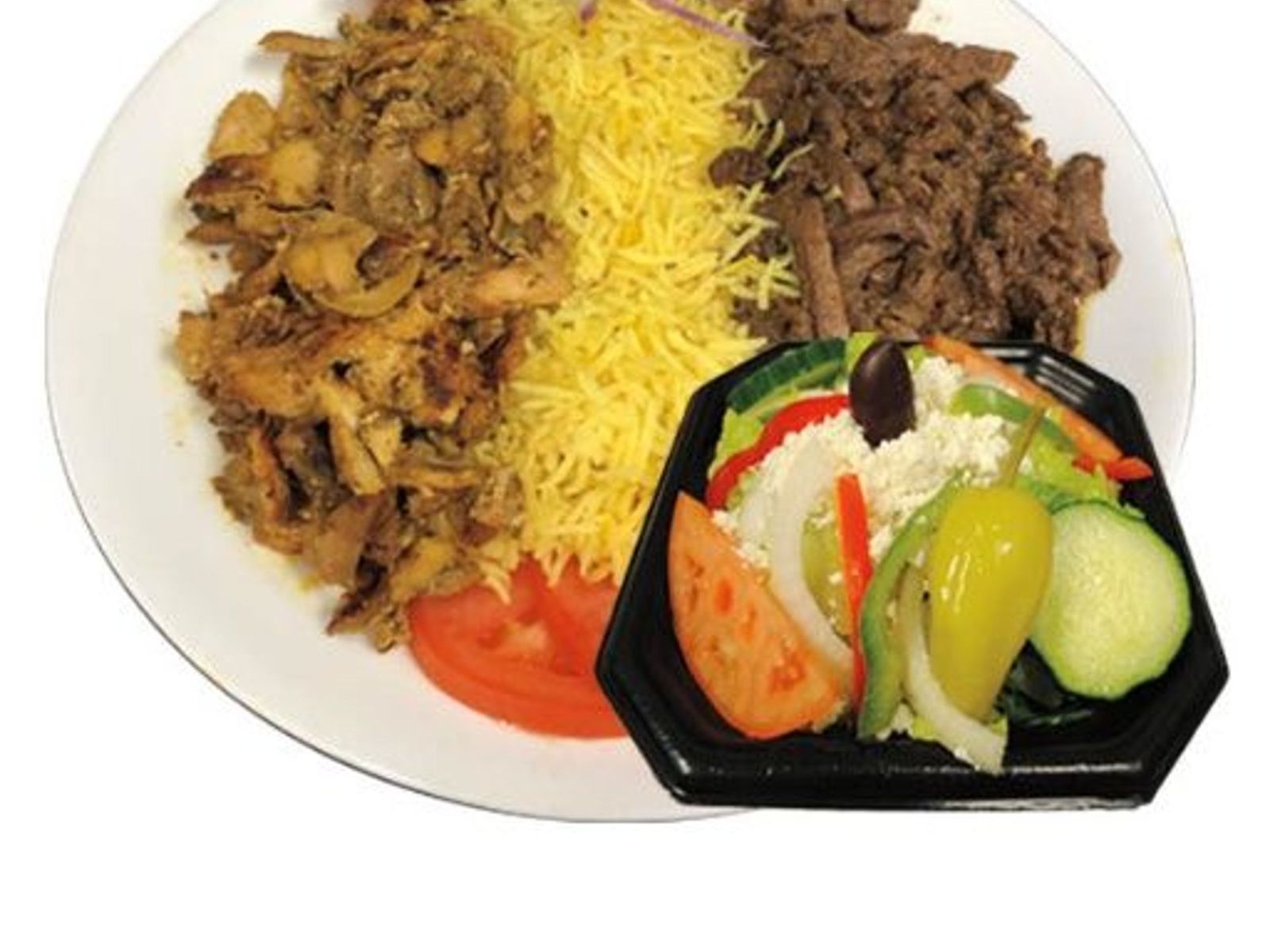 Order 2-MEAT PLATE + SALAD food online from Olives Mediterranean Grill store, Phoenix on bringmethat.com