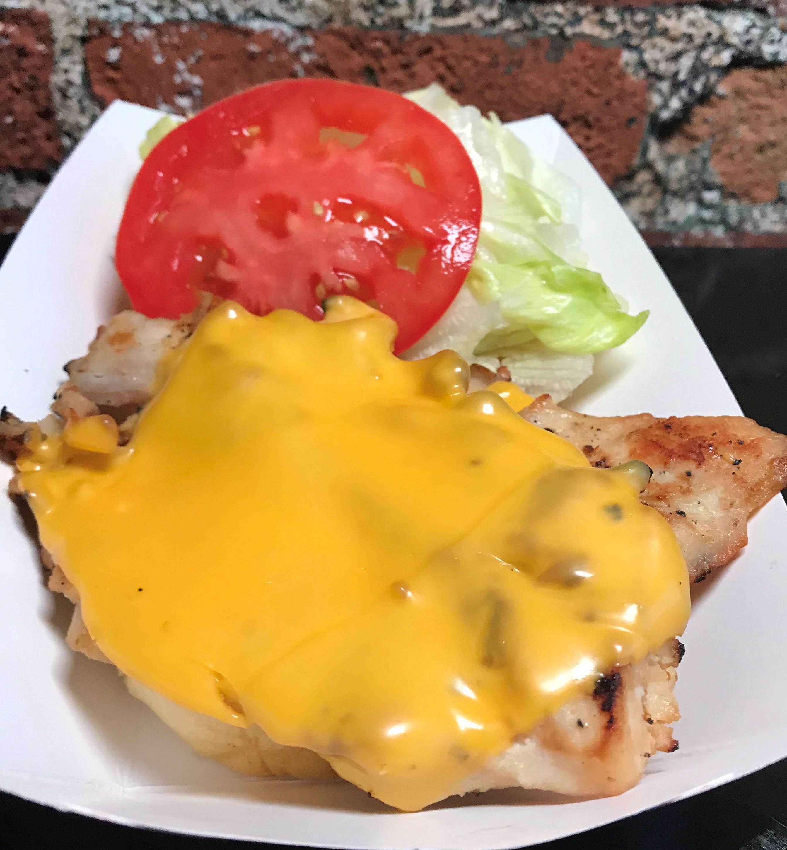 Order Char-Grilled Chicken & Cheese The Works food online from AJ's Burgers store, New Rochelle on bringmethat.com