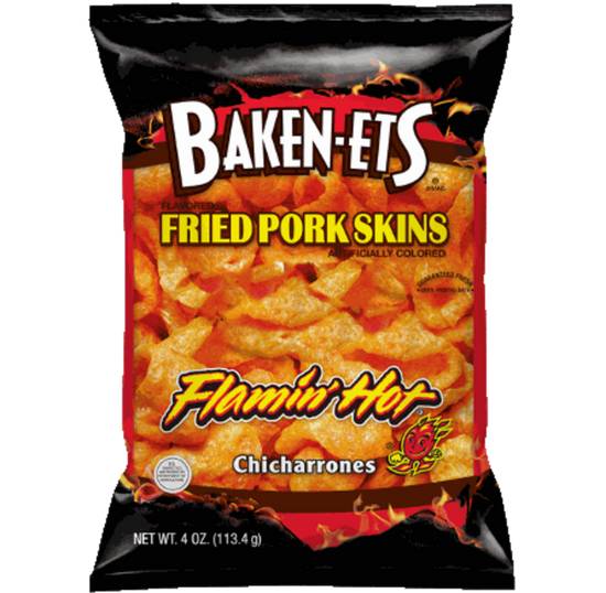 Order Baken-ets Fried Pork Rinds - Flamin' Hot food online from IV Deli Mart store, Goleta on bringmethat.com