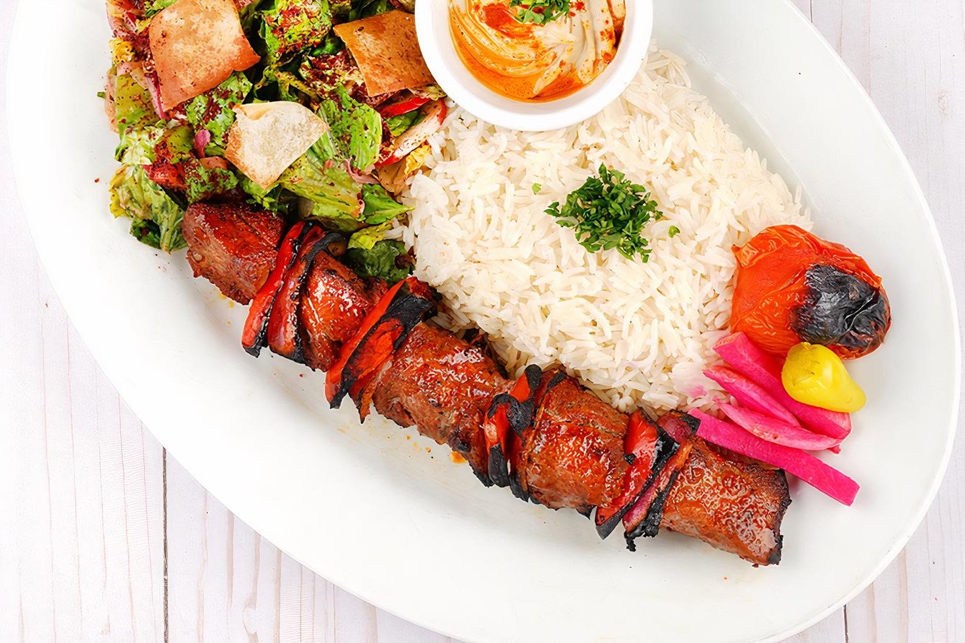 Order Angus Beef Kabob plate food online from Tarme Mediterranean Grill store, Glendale on bringmethat.com