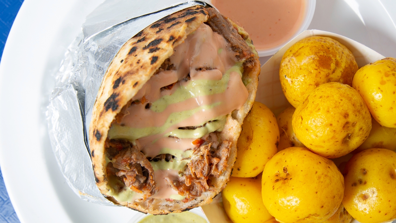 Order Arepa - Shredded Beef food online from Out of the Park Burgers store, Central Islip on bringmethat.com