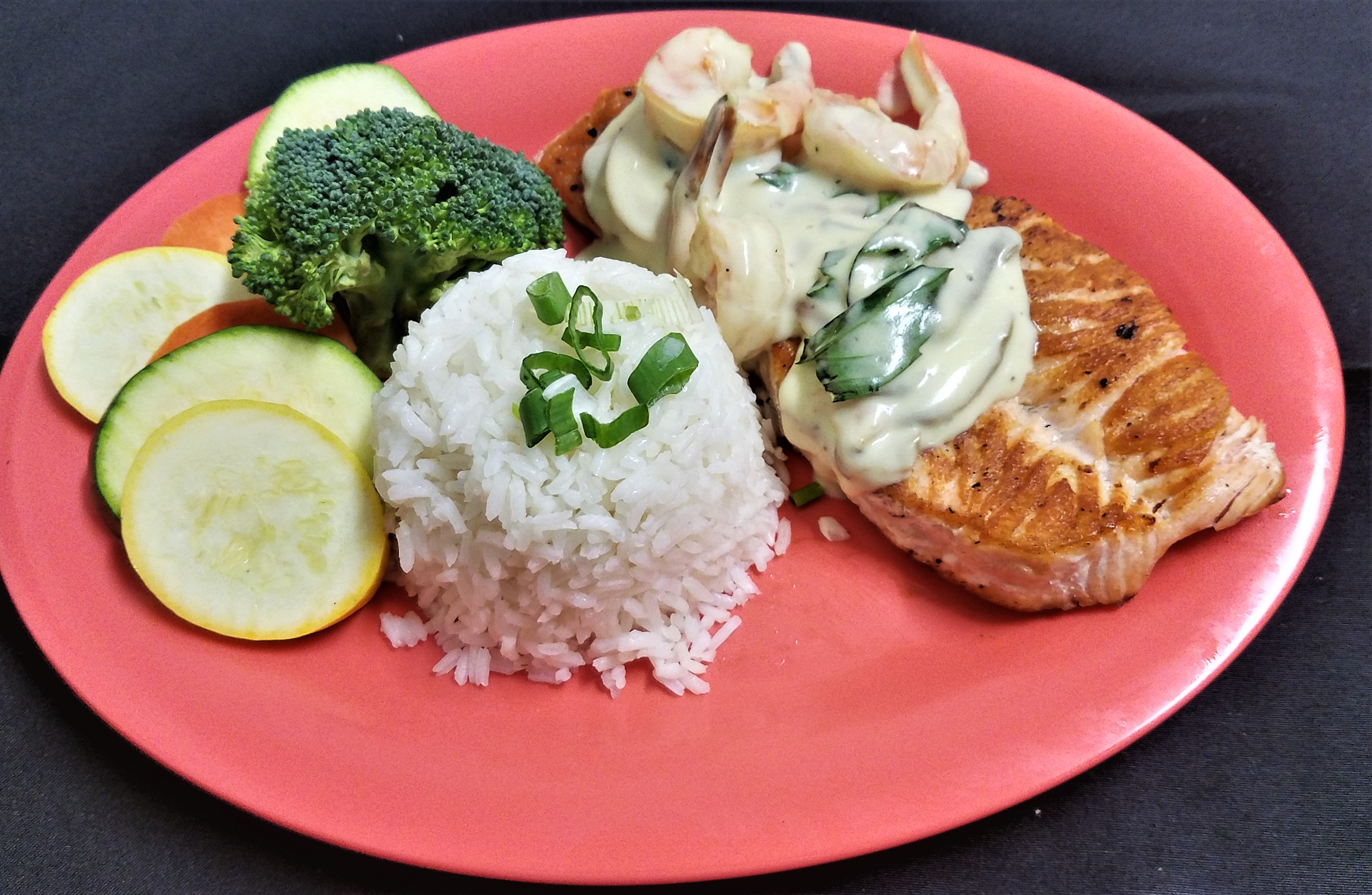 Order Salmon Italiano with Shrimp food online from Usa Seafood Grill And Bar #2 store, Houston on bringmethat.com