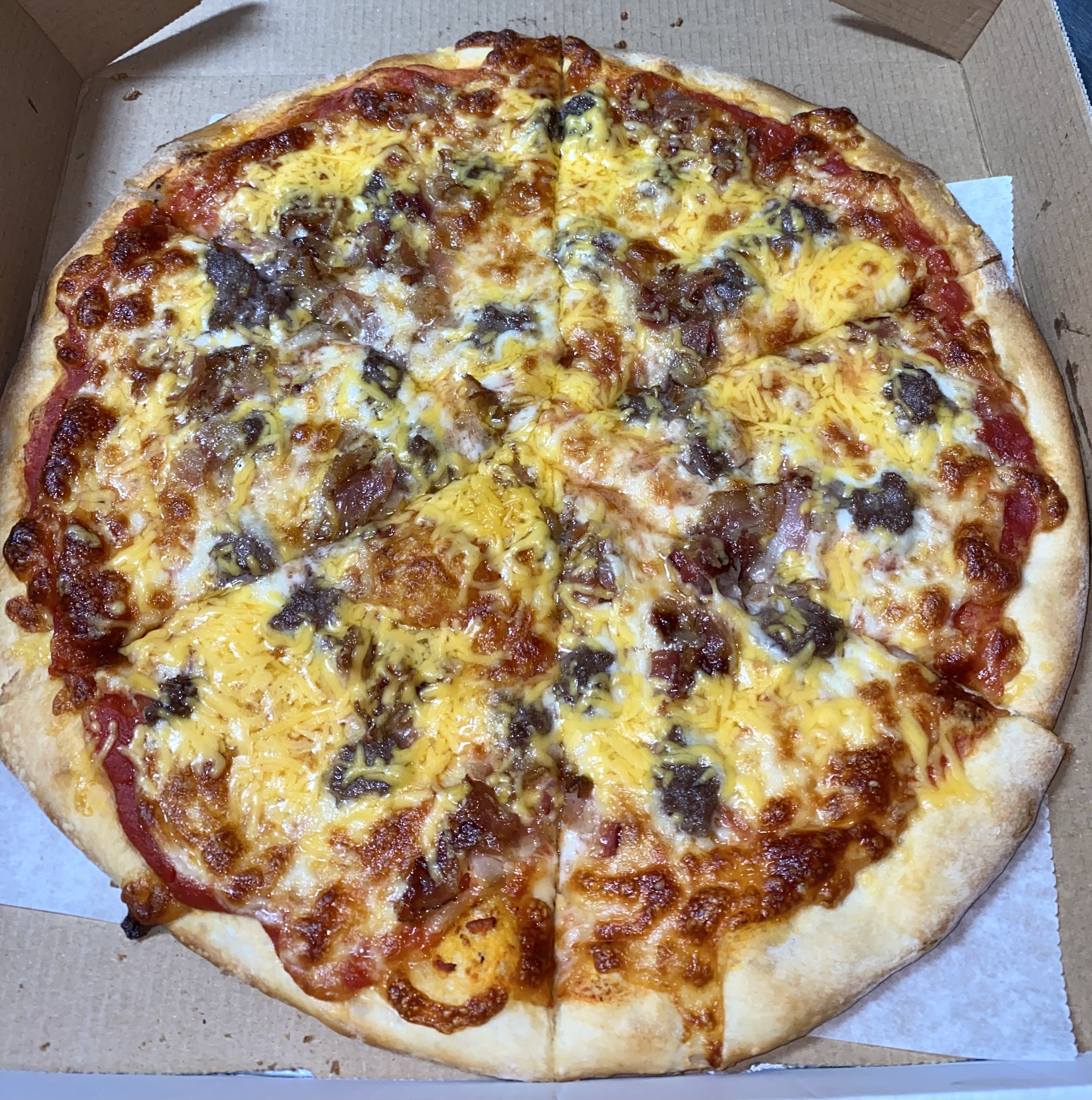 Order Bacon Cheddar Burger Pizza food online from Lucia's Pizza store, Carteret on bringmethat.com