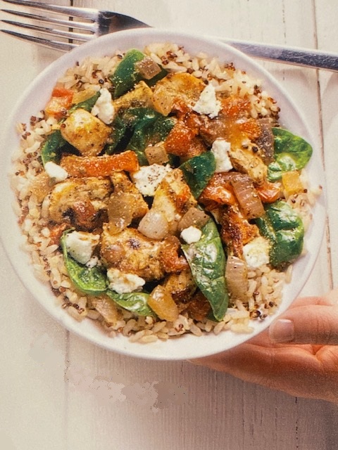 Order Bruschetta (Rice Bowl) Chicken breast with Tomatoes and onions grilled in Pesto Sauce;   Brown Rice & Quinoa, Spinach, Feta, Garlic Romano, Salt & Pepper and Vinaigrette. food online from The Pita Pit store, Chicago on bringmethat.com