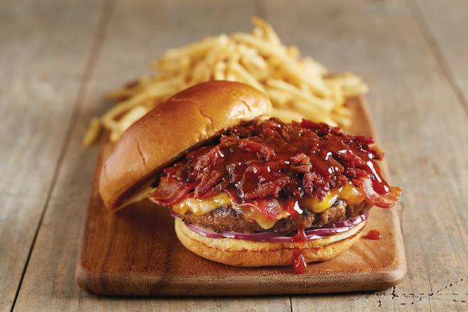 Order Hickory Brisket And Bacon Burger* food online from Bj Restaurant & Brewhouse store, Glendale on bringmethat.com