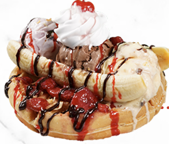 Order Banana Split Waffle food online from Lucy's Waffles & Ice Cream store, Las Vegas on bringmethat.com