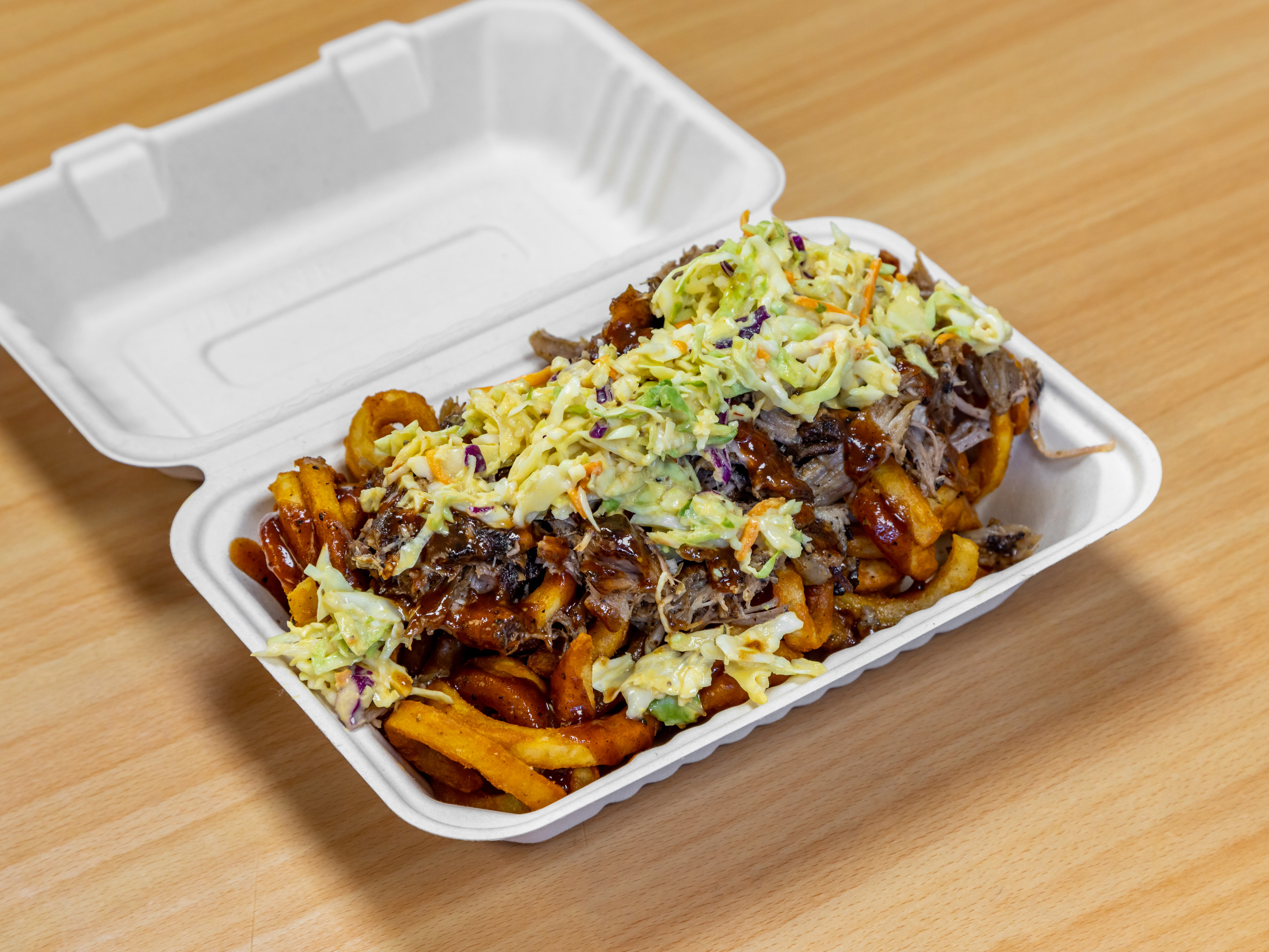 Order Smothered Pork BBQ Fries food online from Oink & Moo Bbq Market store, Somerville on bringmethat.com