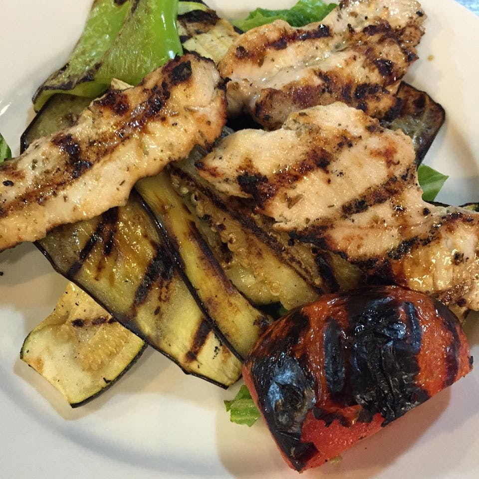 Order Grilled Eggplant & Zucchini with Grilled Chicken - Entree food online from Mykonos Restaurant store, North Arlington on bringmethat.com