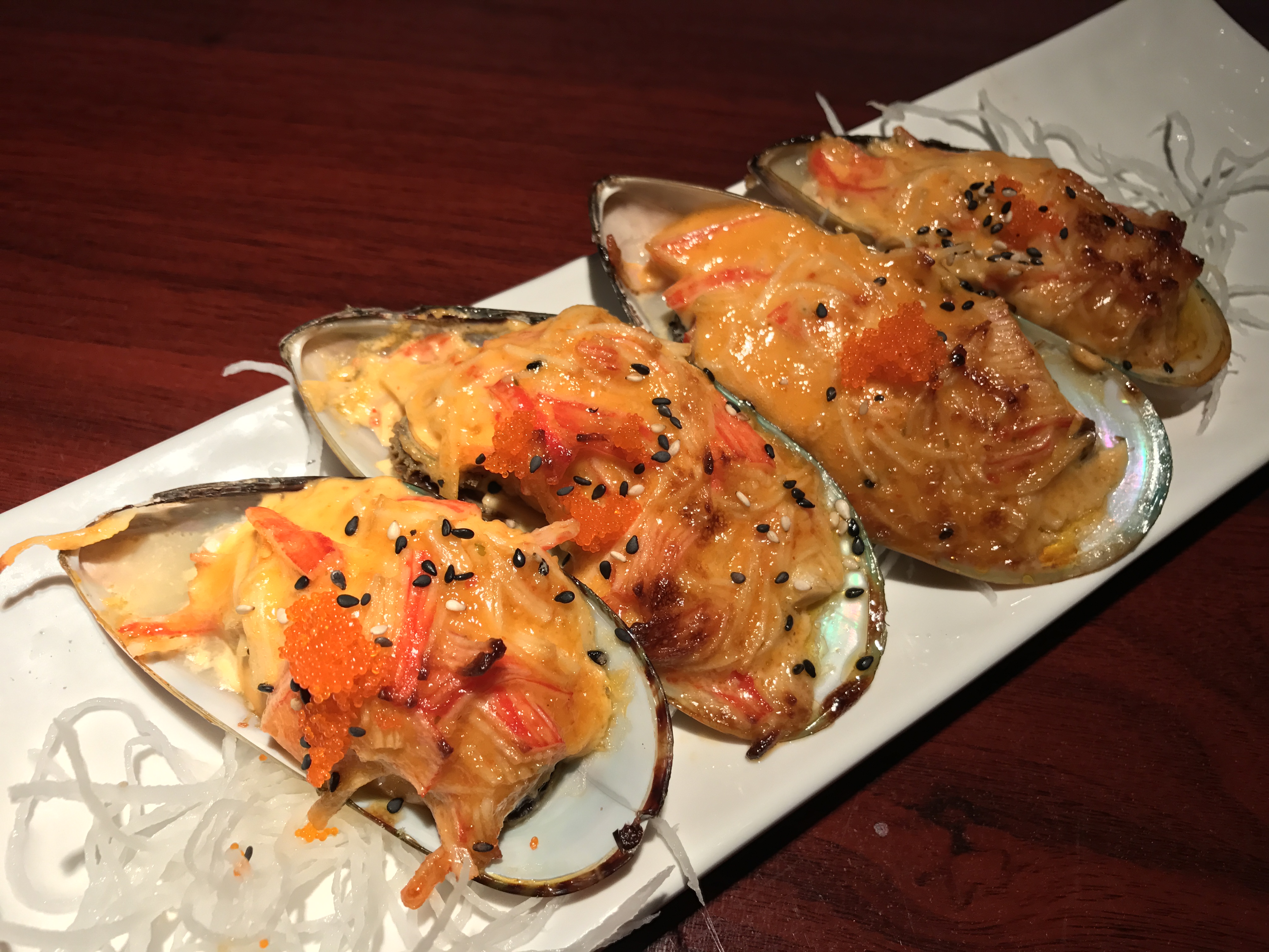 Order Baked Mussel (4 Pcs) food online from Miyabi Sushi Japanese Restaurant store, Houston on bringmethat.com