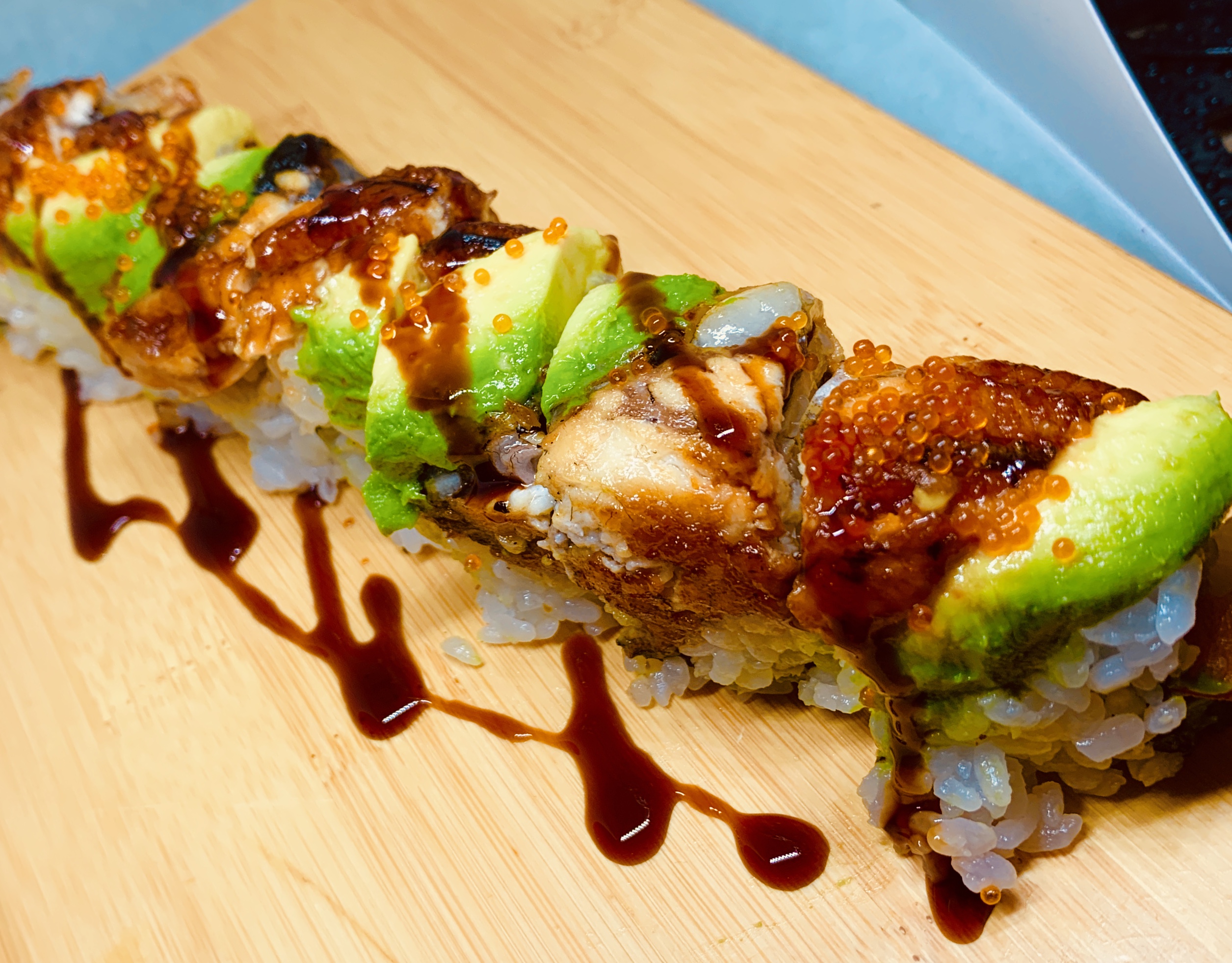Order Dragon Roll (2 Tem Shrimp) food online from Blue Fin Sushi store, San Francisco on bringmethat.com