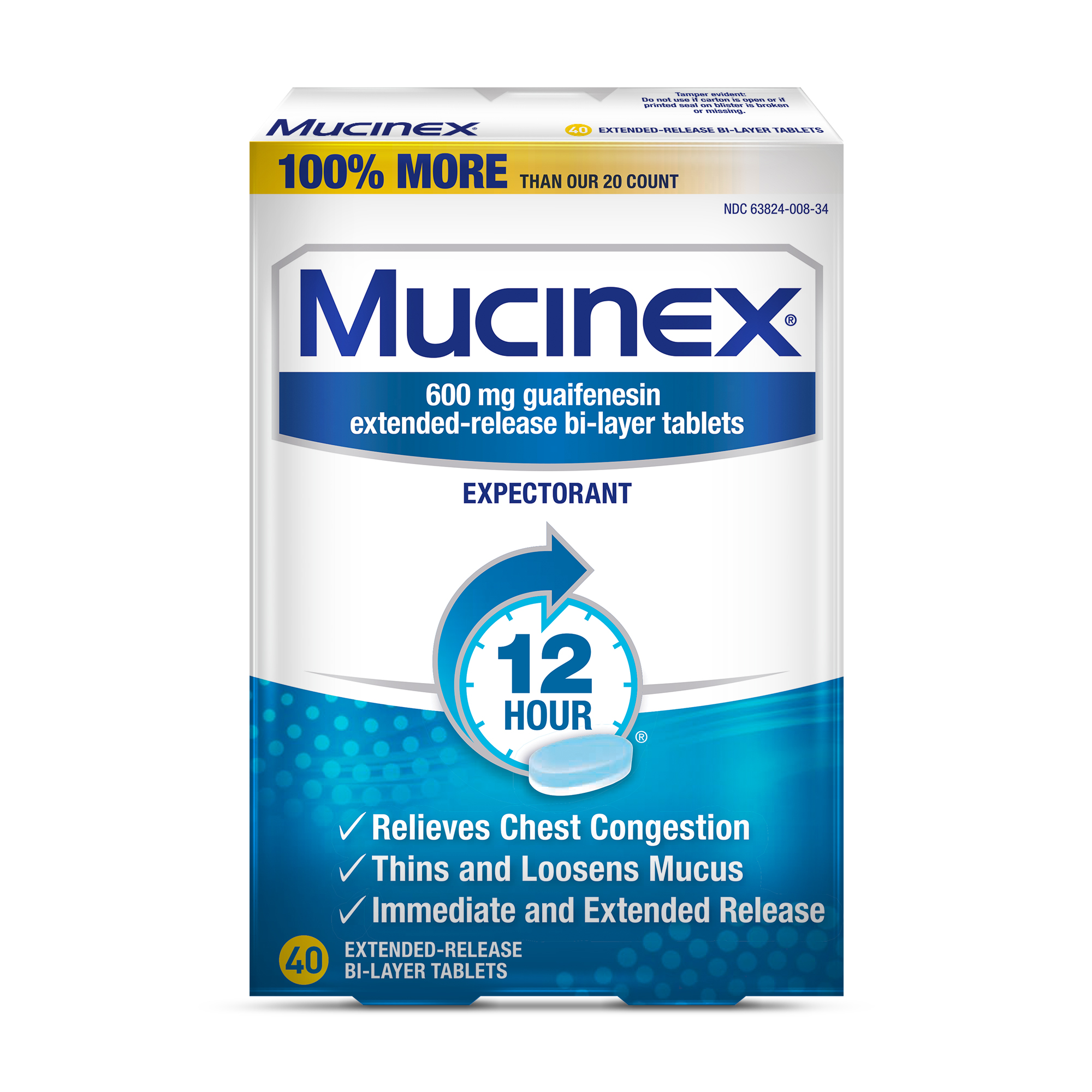 Order Mucinex Expectorant 12 Hr Extended-Release Bi-Layer Tablets, 600mg - 40 ct food online from Rite Aid store, Chino Hills on bringmethat.com