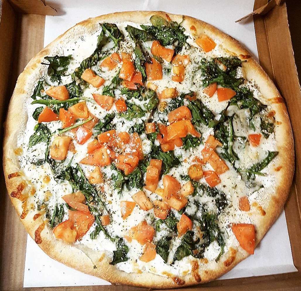 Order Spinach and Tomato White Pizza food online from Pizza Mia store, Newburgh on bringmethat.com