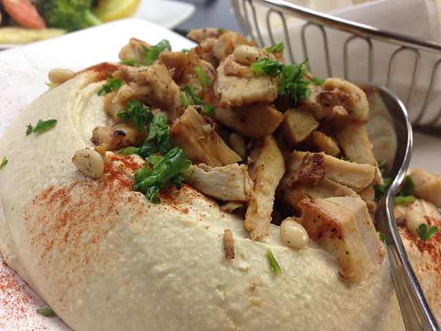 Order Small Hummus with Topping chicken  food online from Boukie Grill store, Royal Oak on bringmethat.com