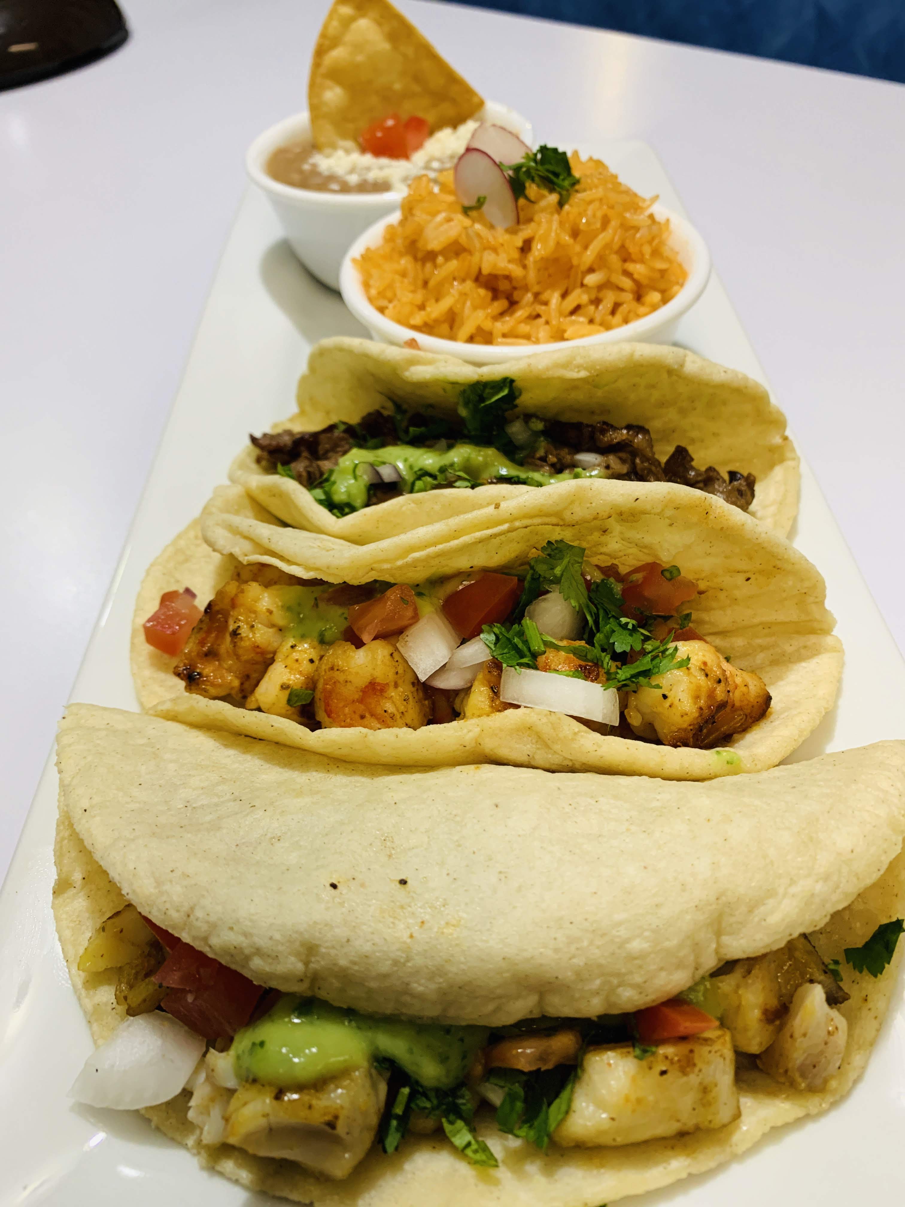 Order PLT:  3 Tacos, Rice & Beans food online from Burrito Way store, Salem on bringmethat.com
