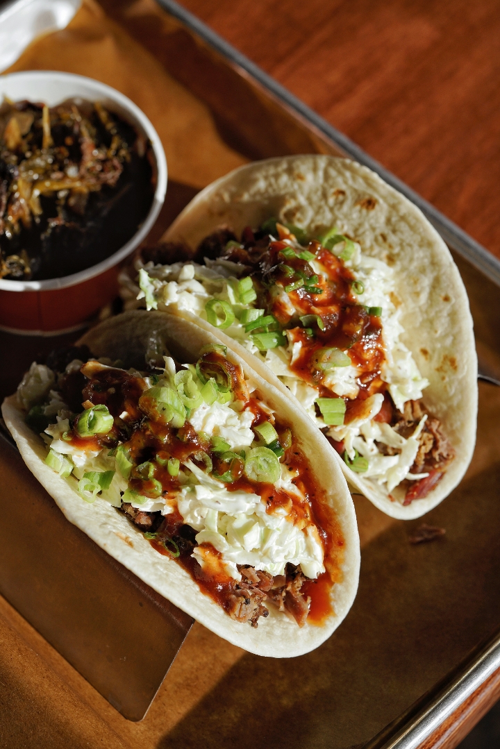 Order 2 BBQ Style Flour Tacos with One Side food online from Feast Bbq store, Louisville on bringmethat.com